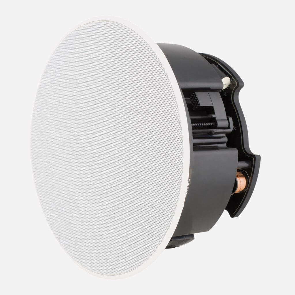 Sonance Visual Performance Medium Round Speaker with Perforated Steel Grille angle view, in the Miami / Fort Lauderdale area. Available at dmg Martinez Group.